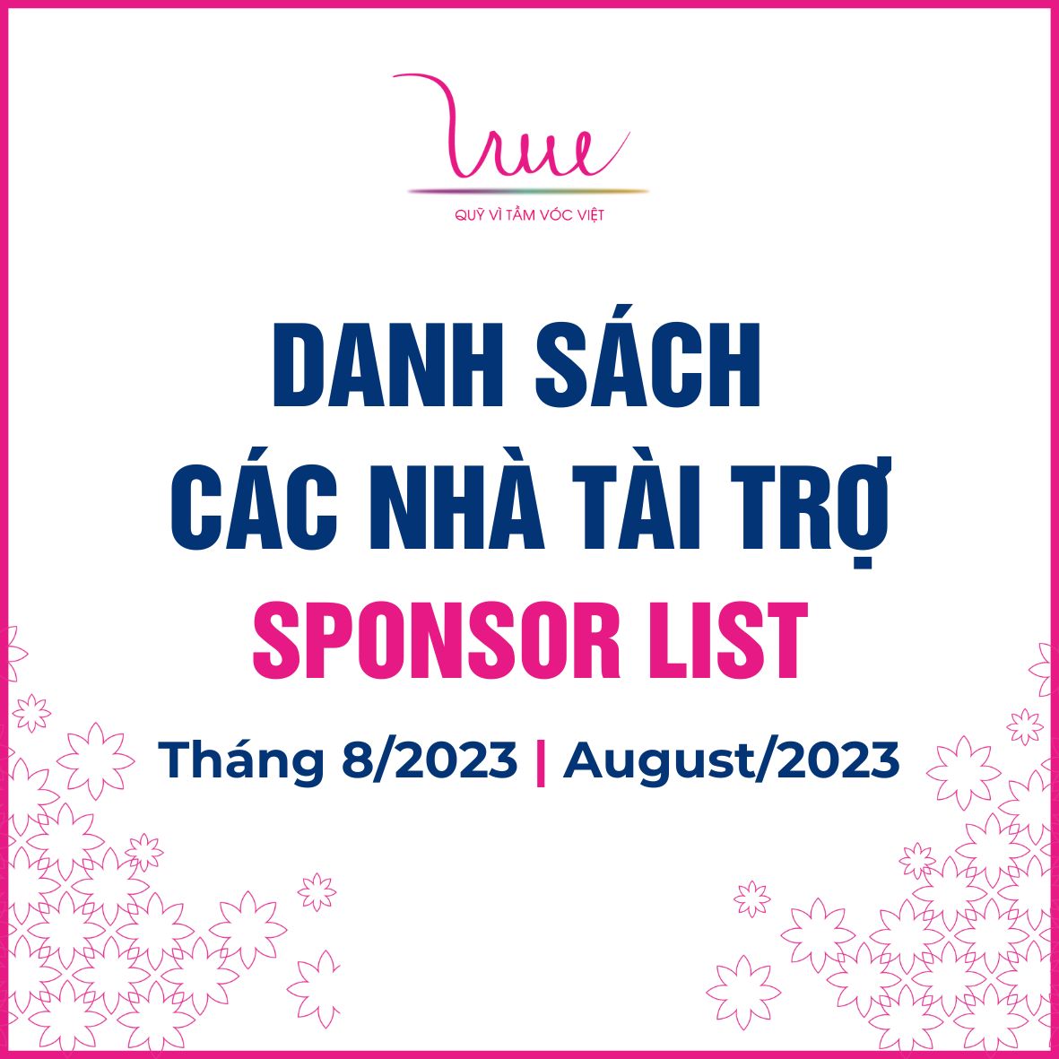 Danh sách các nhà tài trợ tháng 8 năm 2023